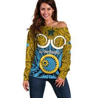 Personalised Vanuatu Sanma Province Off Shoulder Sweater Pig Tusk Mix Maori Pattern and Namele Leaf LT03 Women Blue - Polynesian Pride