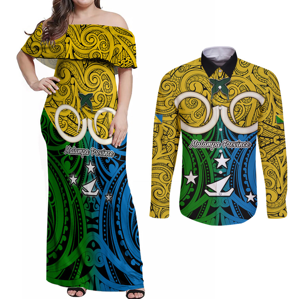 Vanuatu Malampa Province Couples Matching Off Shoulder Maxi Dress and Long Sleeve Button Shirts Pig Tusk Mix Maori Pattern and Namele Leaf LT03 Yellow - Polynesian Pride