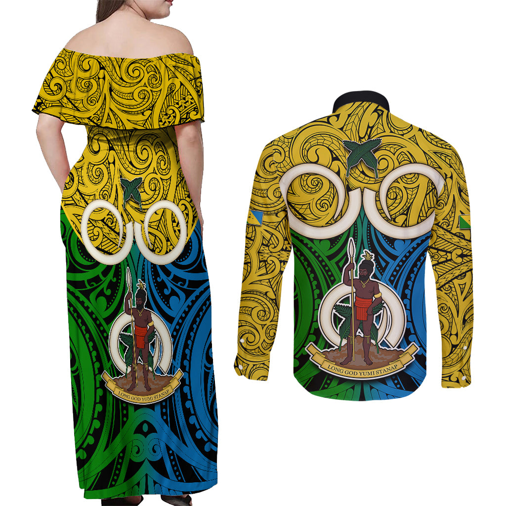 Vanuatu Malampa Province Couples Matching Off Shoulder Maxi Dress and Long Sleeve Button Shirts Pig Tusk Mix Maori Pattern and Namele Leaf LT03 - Polynesian Pride