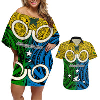 Vanuatu Malampa Province Couples Matching Off Shoulder Short Dress and Hawaiian Shirt Pig Tusk Mix Maori Pattern and Namele Leaf LT03 Yellow - Polynesian Pride