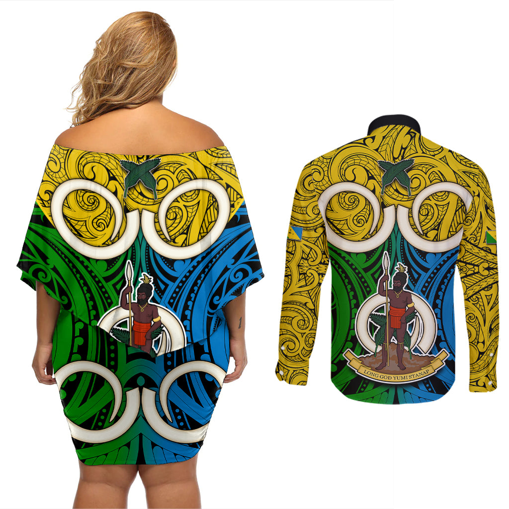 Vanuatu Malampa Province Couples Matching Off Shoulder Short Dress and Long Sleeve Button Shirts Pig Tusk Mix Maori Pattern and Namele Leaf LT03 - Polynesian Pride