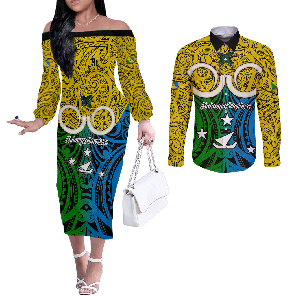 Vanuatu Malampa Province Couples Matching Off The Shoulder Long Sleeve Dress and Long Sleeve Button Shirts Pig Tusk Mix Maori Pattern and Namele Leaf LT03 Yellow - Polynesian Pride