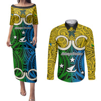 Vanuatu Malampa Province Couples Matching Puletasi Dress and Long Sleeve Button Shirts Pig Tusk Mix Maori Pattern and Namele Leaf LT03 Yellow - Polynesian Pride