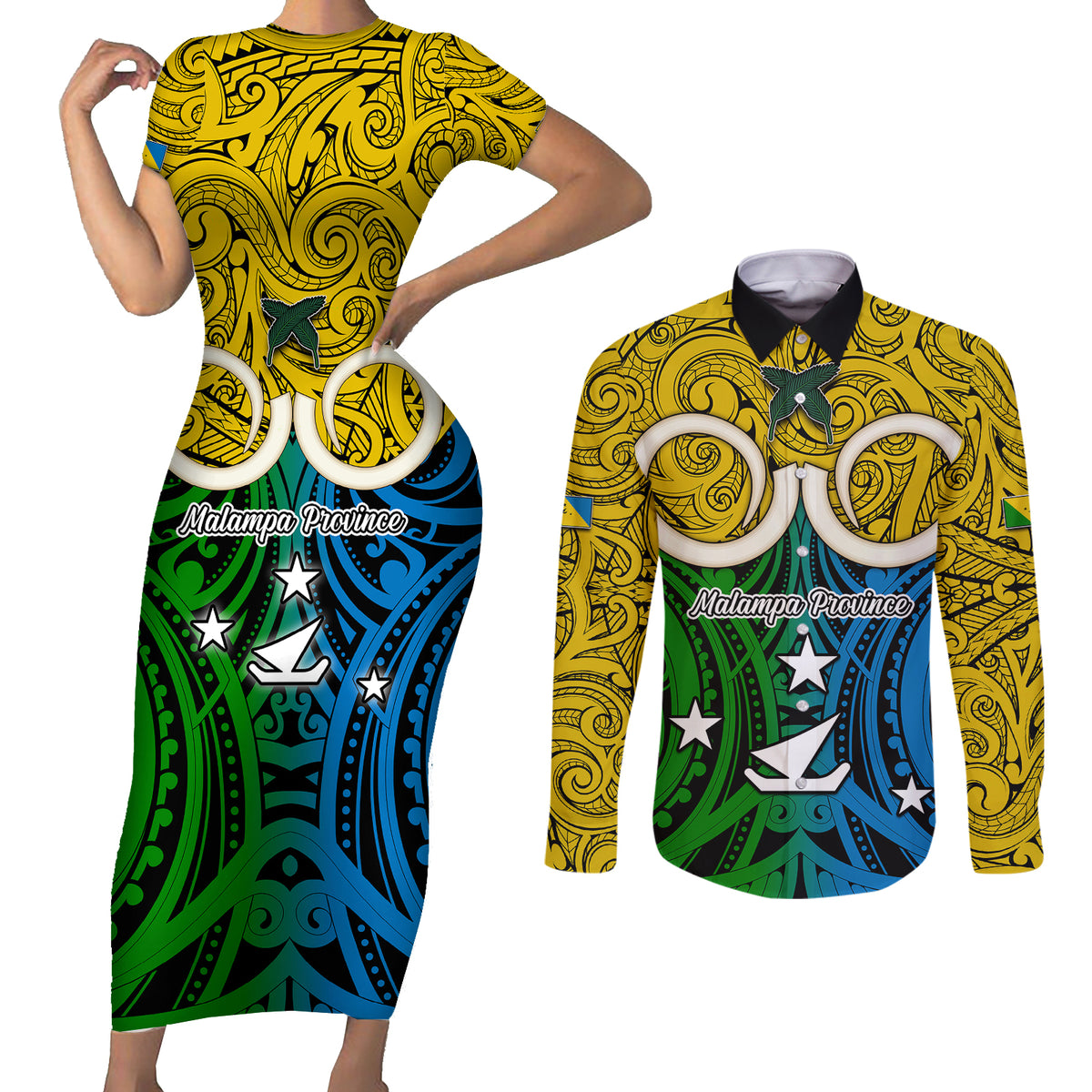 Vanuatu Malampa Province Couples Matching Short Sleeve Bodycon Dress and Long Sleeve Button Shirts Pig Tusk Mix Maori Pattern and Namele Leaf LT03 Yellow - Polynesian Pride
