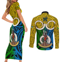 Vanuatu Malampa Province Couples Matching Short Sleeve Bodycon Dress and Long Sleeve Button Shirts Pig Tusk Mix Maori Pattern and Namele Leaf LT03 - Polynesian Pride