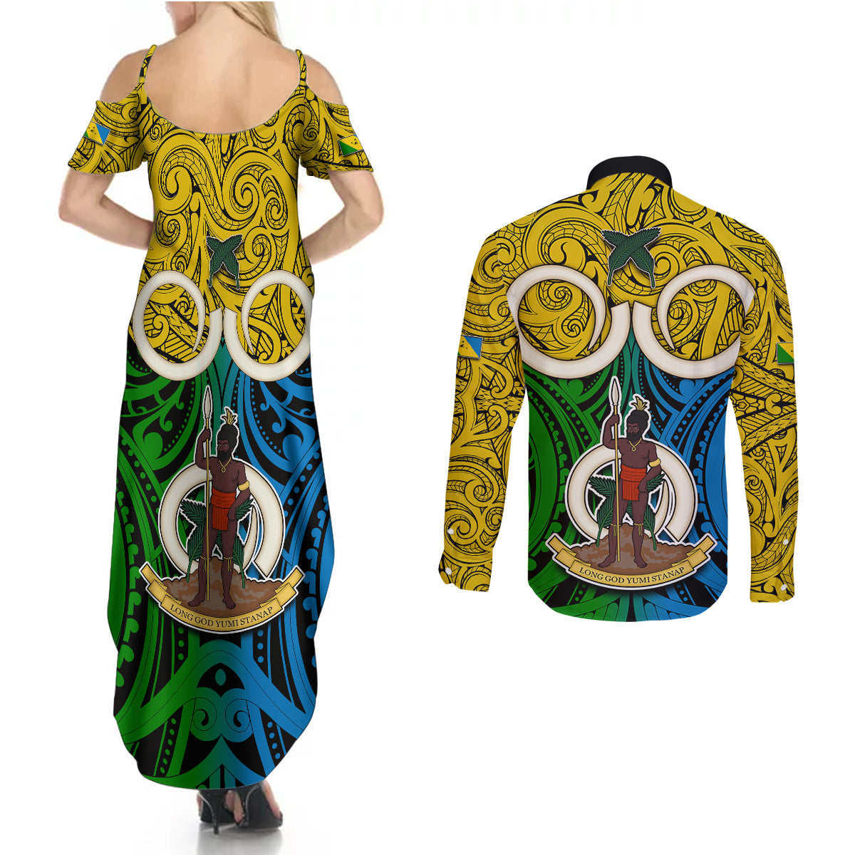 Vanuatu Malampa Province Couples Matching Summer Maxi Dress and Long Sleeve Button Shirts Pig Tusk Mix Maori Pattern and Namele Leaf LT03 - Polynesian Pride