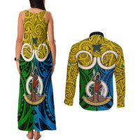 Vanuatu Malampa Province Couples Matching Tank Maxi Dress and Long Sleeve Button Shirts Pig Tusk Mix Maori Pattern and Namele Leaf LT03 - Polynesian Pride
