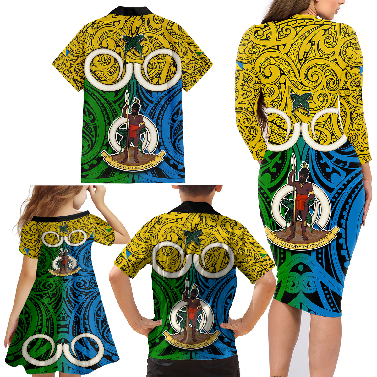 Vanuatu Malampa Province Family Matching Long Sleeve Bodycon Dress and Hawaiian Shirt Pig Tusk Mix Maori Pattern and Namele Leaf LT03 - Polynesian Pride