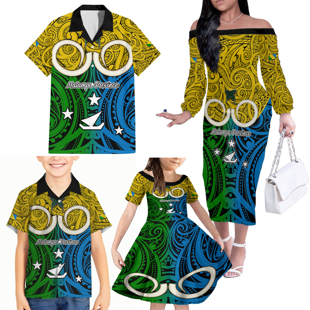 Vanuatu Malampa Province Family Matching Off Shoulder Long Sleeve Dress and Hawaiian Shirt Pig Tusk Mix Maori Pattern and Namele Leaf LT03 - Polynesian Pride