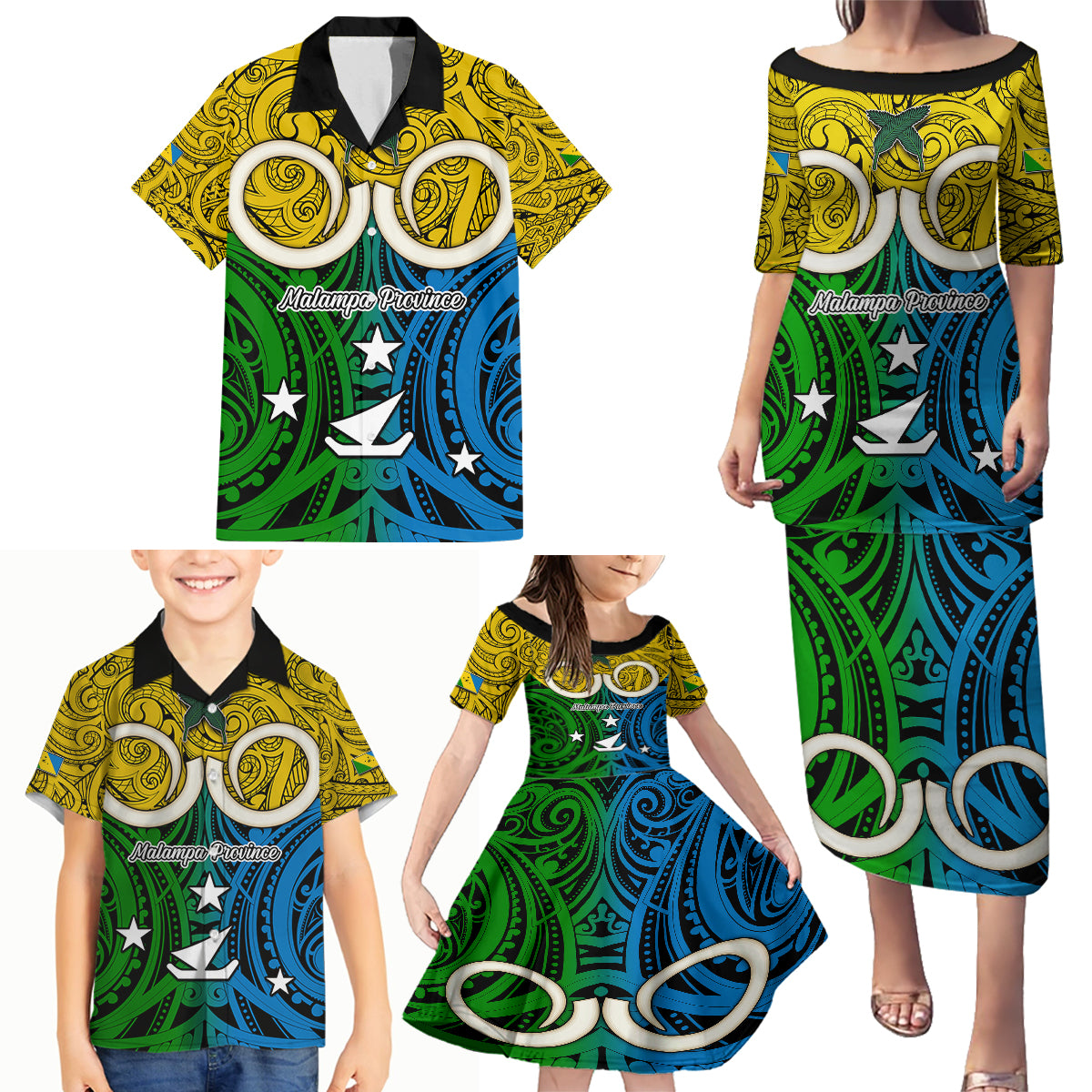 Vanuatu Malampa Province Family Matching Puletasi Dress and Hawaiian Shirt Pig Tusk Mix Maori Pattern and Namele Leaf LT03 - Polynesian Pride