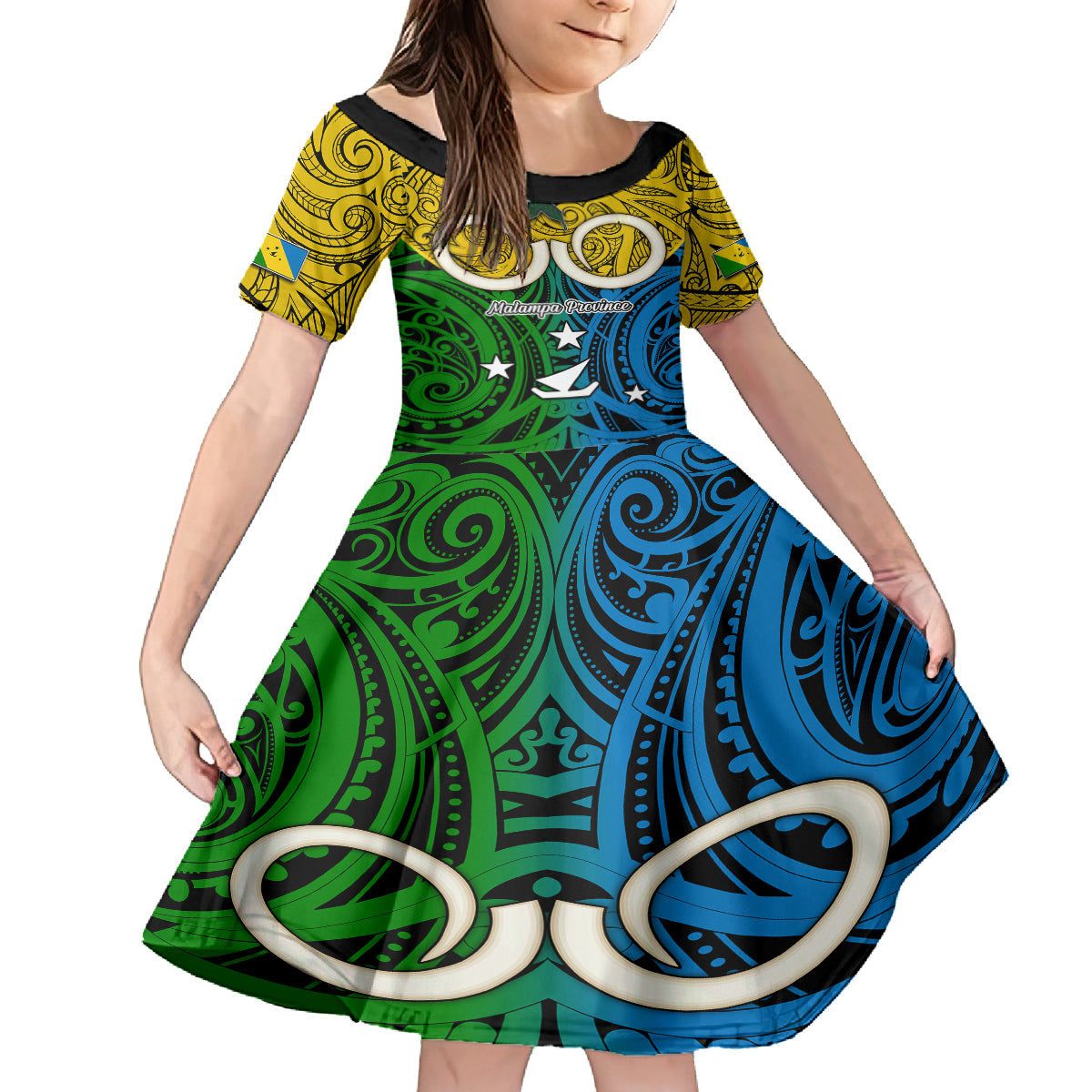 Vanuatu Malampa Province Family Matching Tank Maxi Dress and Hawaiian Shirt Pig Tusk Mix Maori Pattern and Namele Leaf LT03 Daughter's Dress Yellow - Polynesian Pride