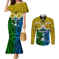 Personalised Vanuatu Malampa Province Couples Matching Mermaid Dress and Long Sleeve Button Shirts Pig Tusk Mix Maori Pattern and Namele Leaf LT03 Yellow - Polynesian Pride
