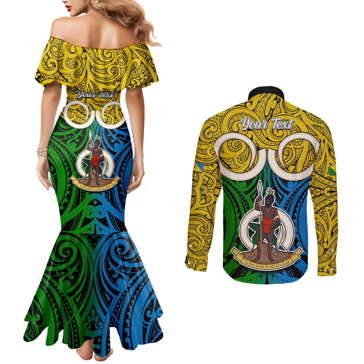 Personalised Vanuatu Malampa Province Couples Matching Mermaid Dress and Long Sleeve Button Shirts Pig Tusk Mix Maori Pattern and Namele Leaf LT03 - Polynesian Pride
