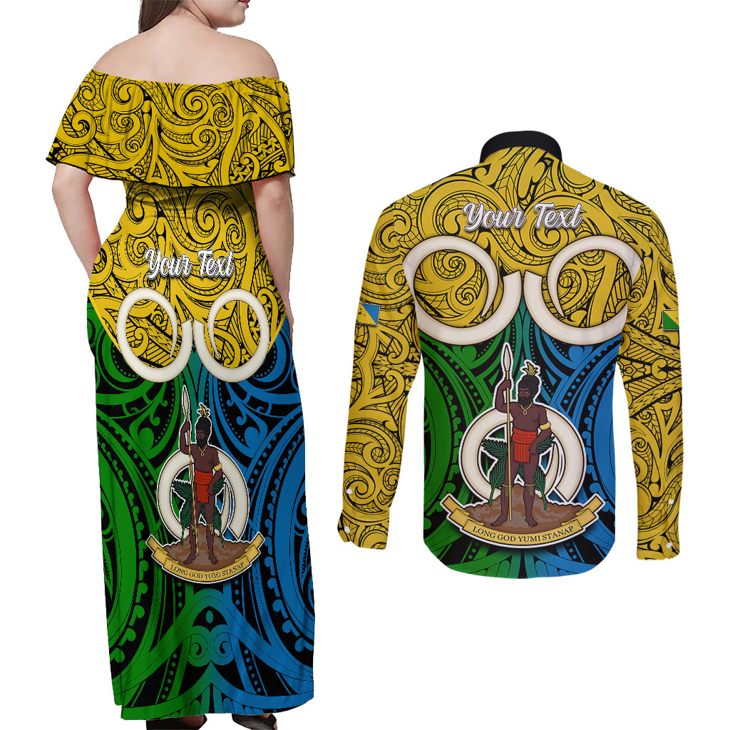 Personalised Vanuatu Malampa Province Couples Matching Off Shoulder Maxi Dress and Long Sleeve Button Shirts Pig Tusk Mix Maori Pattern and Namele Leaf LT03 - Polynesian Pride