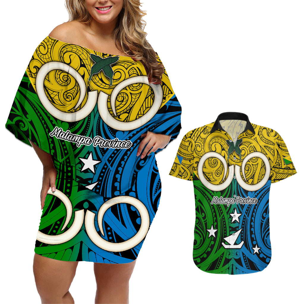 Personalised Vanuatu Malampa Province Couples Matching Off Shoulder Short Dress and Hawaiian Shirt Pig Tusk Mix Maori Pattern and Namele Leaf LT03 Yellow - Polynesian Pride