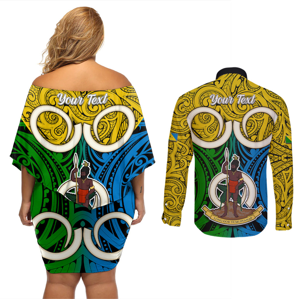Personalised Vanuatu Malampa Province Couples Matching Off Shoulder Short Dress and Long Sleeve Button Shirts Pig Tusk Mix Maori Pattern and Namele Leaf LT03 - Polynesian Pride