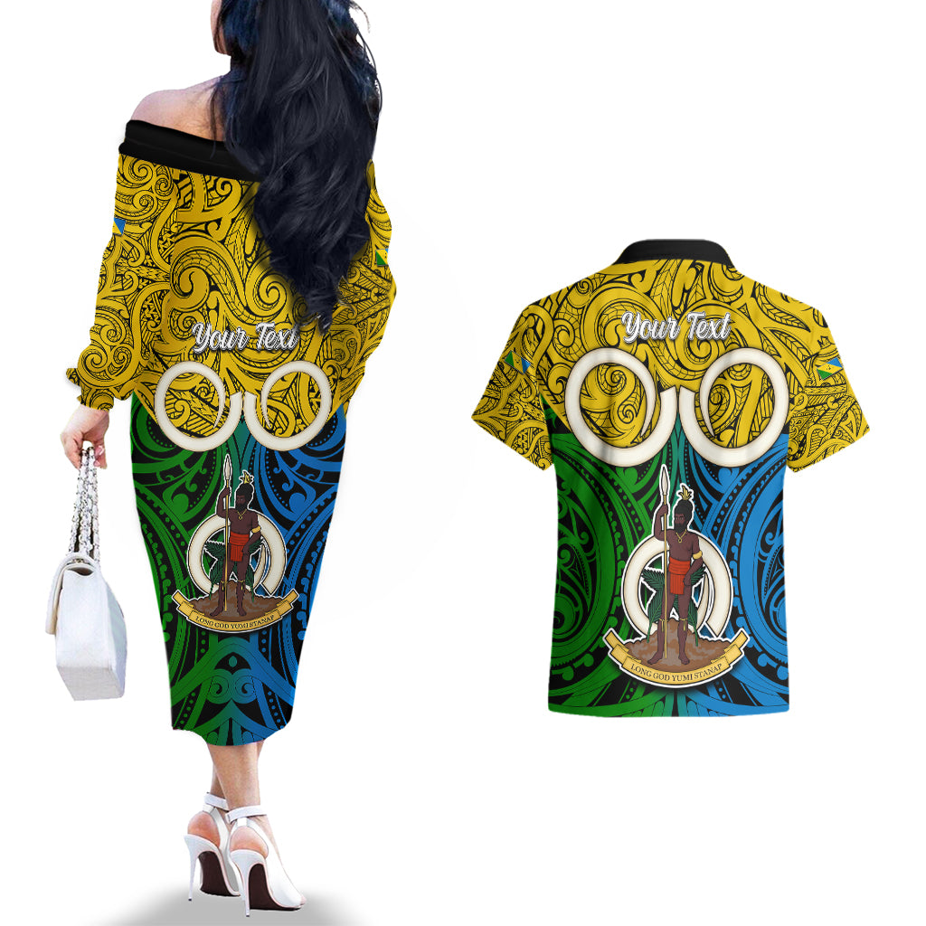 Personalised Vanuatu Malampa Province Couples Matching Off The Shoulder Long Sleeve Dress and Hawaiian Shirt Pig Tusk Mix Maori Pattern and Namele Leaf LT03 - Polynesian Pride