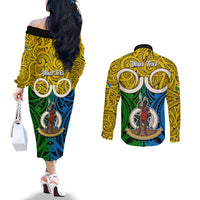 Personalised Vanuatu Malampa Province Couples Matching Off The Shoulder Long Sleeve Dress and Long Sleeve Button Shirts Pig Tusk Mix Maori Pattern and Namele Leaf LT03 - Polynesian Pride