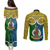 Personalised Vanuatu Malampa Province Couples Matching Puletasi Dress and Long Sleeve Button Shirts Pig Tusk Mix Maori Pattern and Namele Leaf LT03 - Polynesian Pride