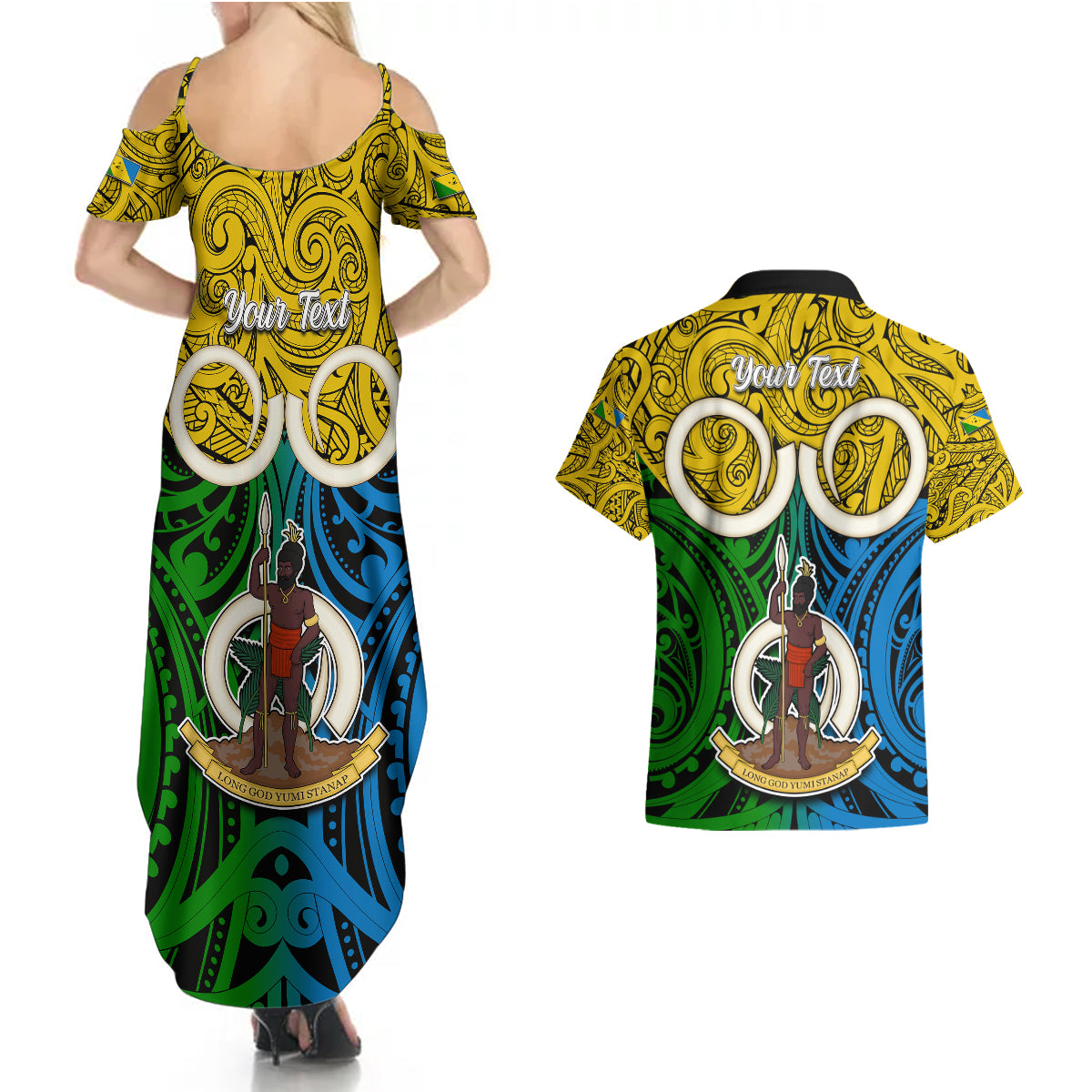Personalised Vanuatu Malampa Province Couples Matching Summer Maxi Dress and Hawaiian Shirt Pig Tusk Mix Maori Pattern and Namele Leaf LT03 - Polynesian Pride