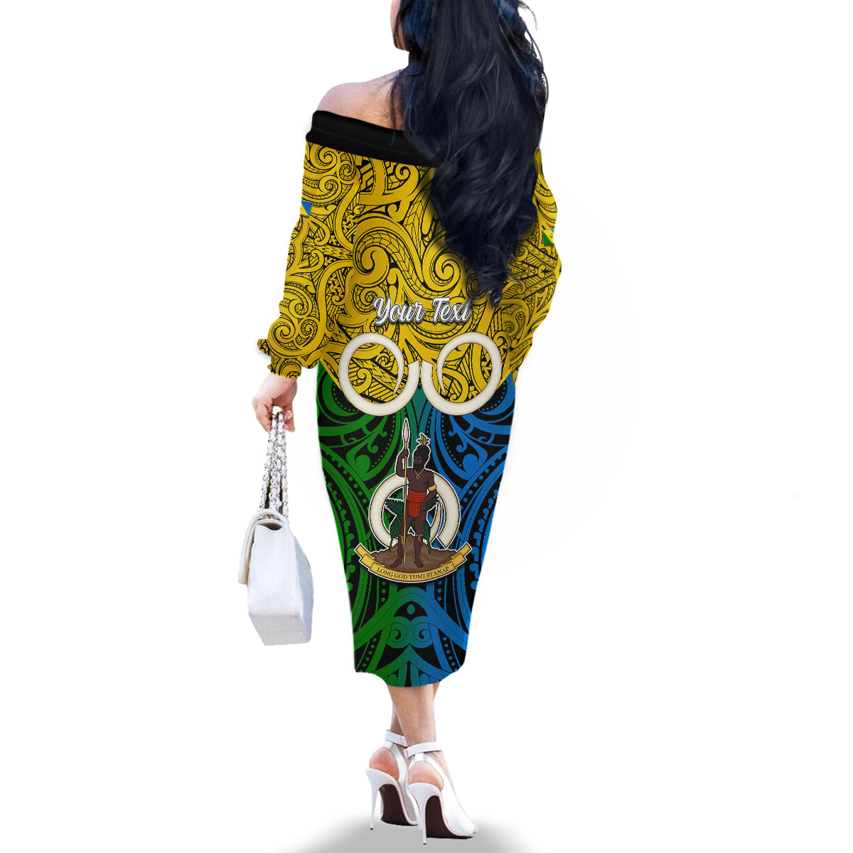 Personalised Vanuatu Malampa Province Family Matching Off Shoulder Long Sleeve Dress and Hawaiian Shirt Pig Tusk Mix Maori Pattern and Namele Leaf LT03 - Polynesian Pride