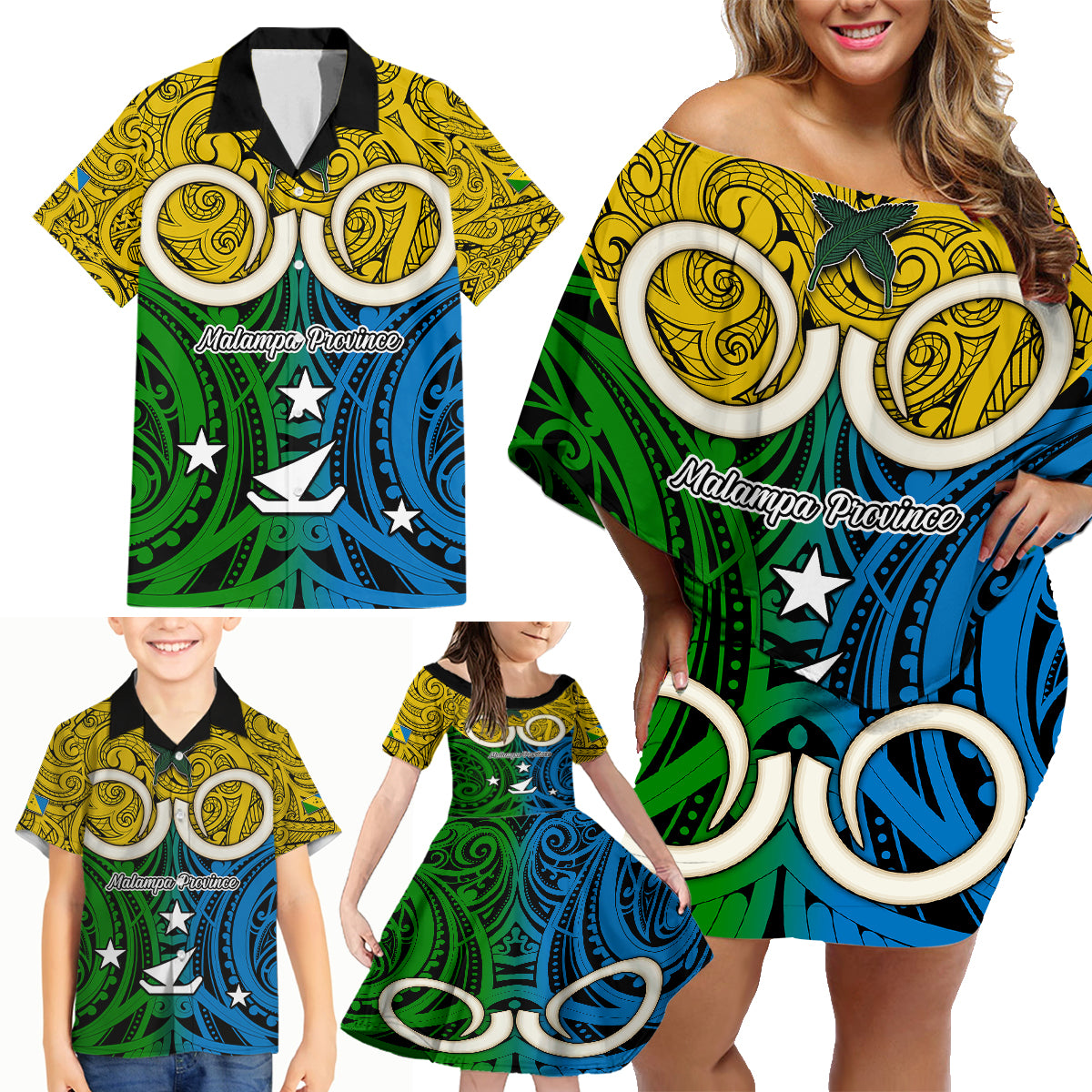 Personalised Vanuatu Malampa Province Family Matching Off Shoulder Short Dress and Hawaiian Shirt Pig Tusk Mix Maori Pattern and Namele Leaf LT03 - Polynesian Pride