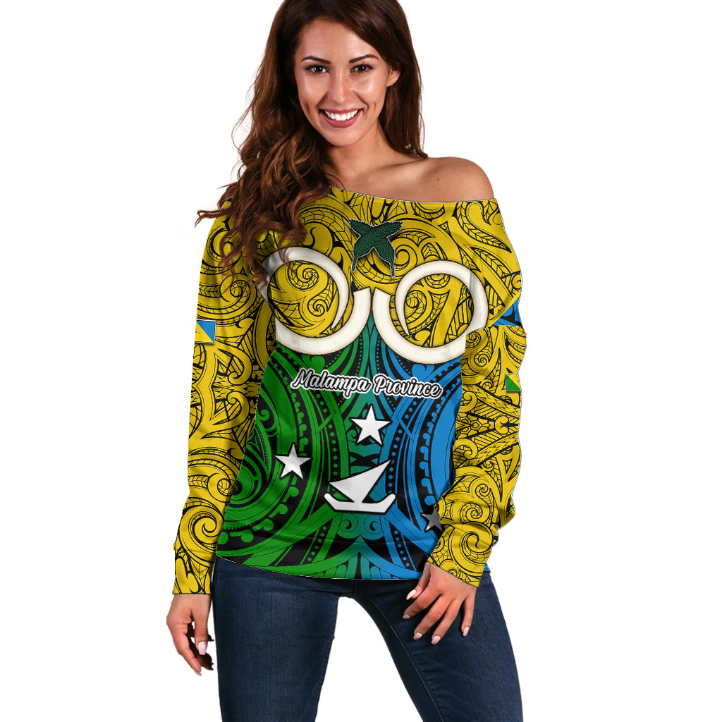 Personalised Vanuatu Malampa Province Off Shoulder Sweater Pig Tusk Mix Maori Pattern and Namele Leaf LT03 Women Yellow - Polynesian Pride