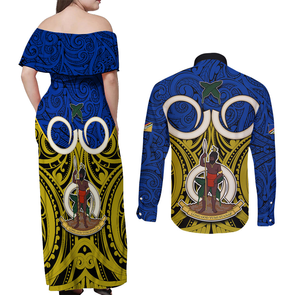 Vanuatu Torba Province Couples Matching Off Shoulder Maxi Dress and Long Sleeve Button Shirts Pig Tusk Mix Maori Pattern and Namele Leaf LT03 - Polynesian Pride