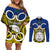 Vanuatu Torba Province Couples Matching Off Shoulder Short Dress and Long Sleeve Button Shirts Pig Tusk Mix Maori Pattern and Namele Leaf LT03 Blue - Polynesian Pride