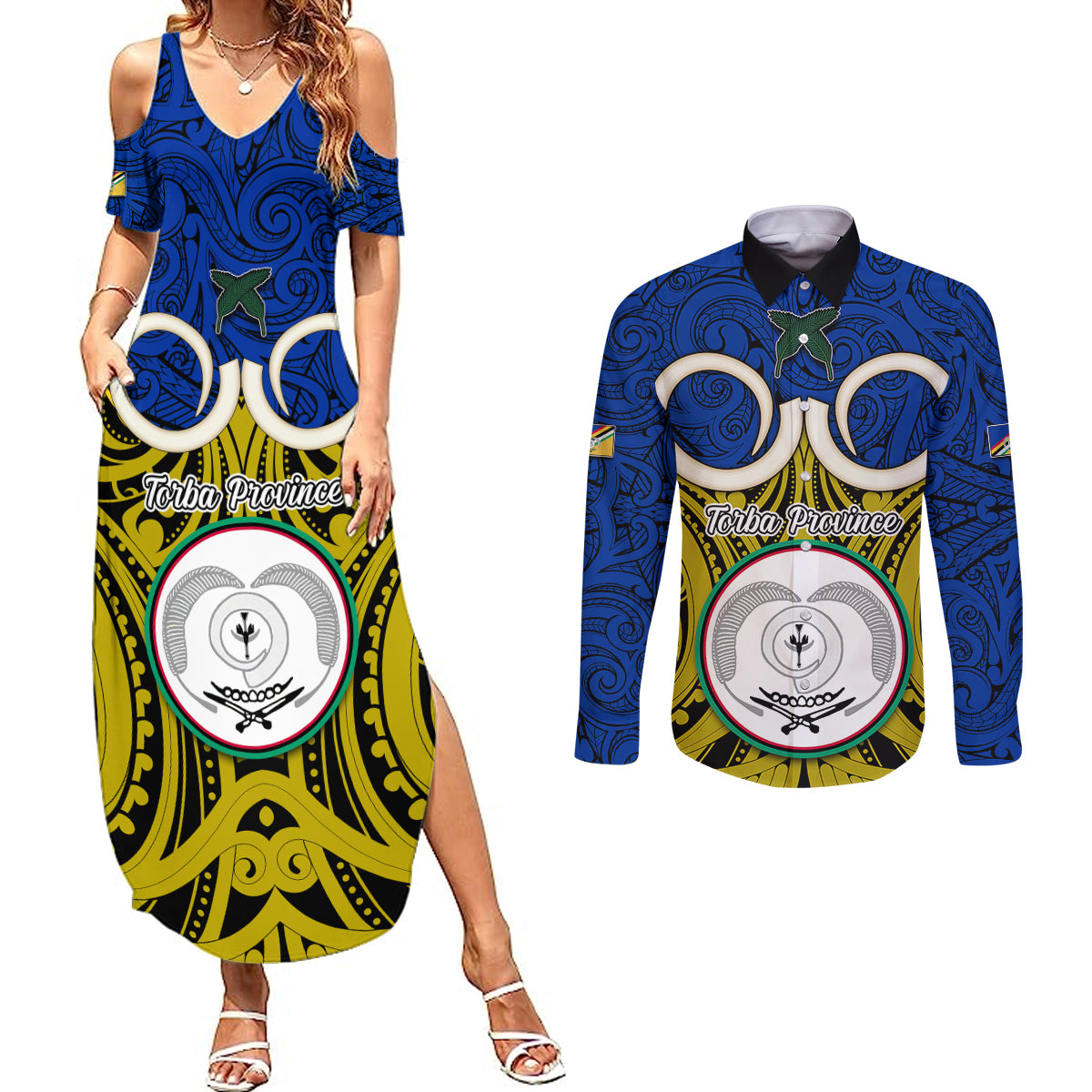 Vanuatu Torba Province Couples Matching Summer Maxi Dress and Long Sleeve Button Shirts Pig Tusk Mix Maori Pattern and Namele Leaf LT03 Blue - Polynesian Pride