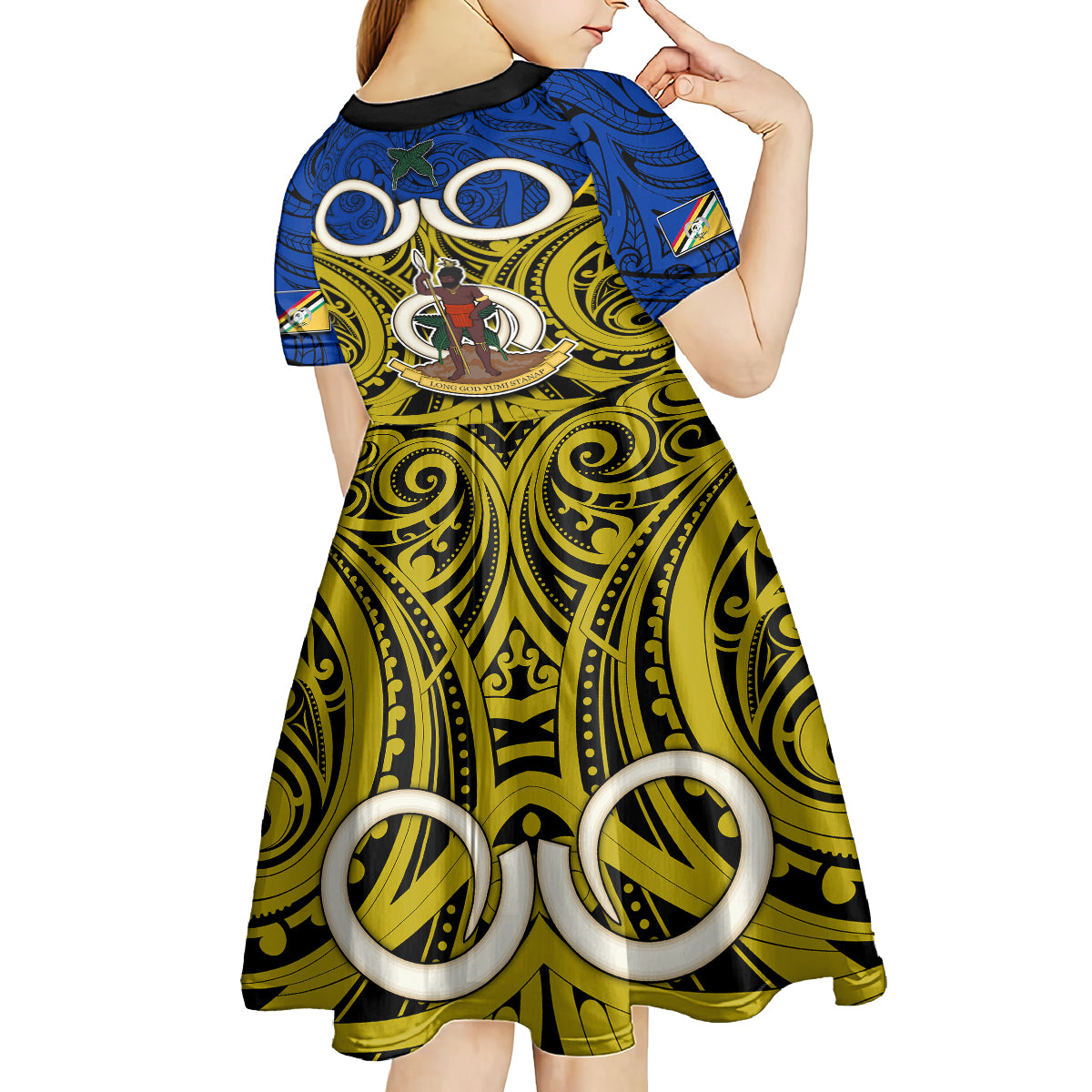 Vanuatu Torba Province Kid Short Sleeve Dress Pig Tusk Mix Maori Pattern and Namele Leaf LT03 - Polynesian Pride