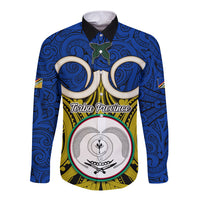 Vanuatu Torba Province Long Sleeve Button Shirt Pig Tusk Mix Maori Pattern and Namele Leaf LT03 Unisex Blue - Polynesian Pride