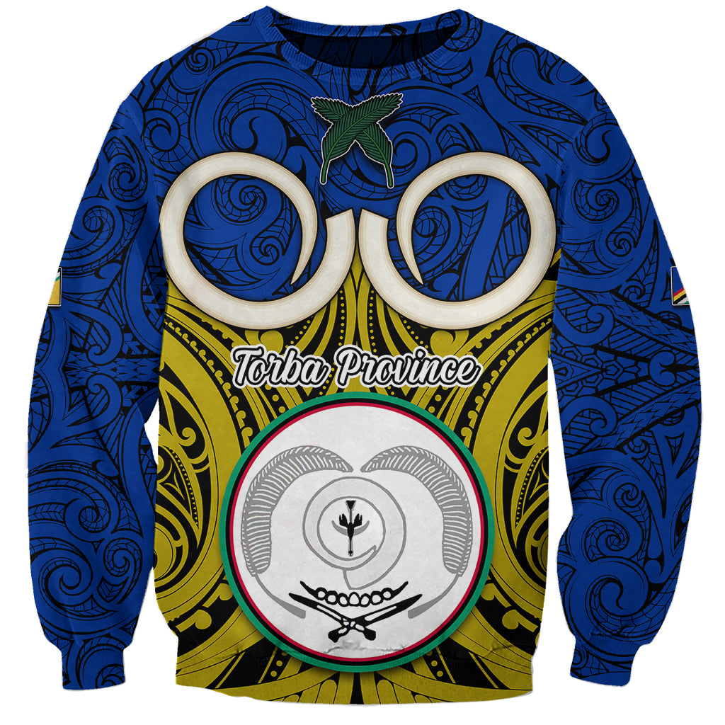 Vanuatu Torba Province Sweatshirt Pig Tusk Mix Maori Pattern and Namele Leaf LT03 Unisex Blue - Polynesian Pride