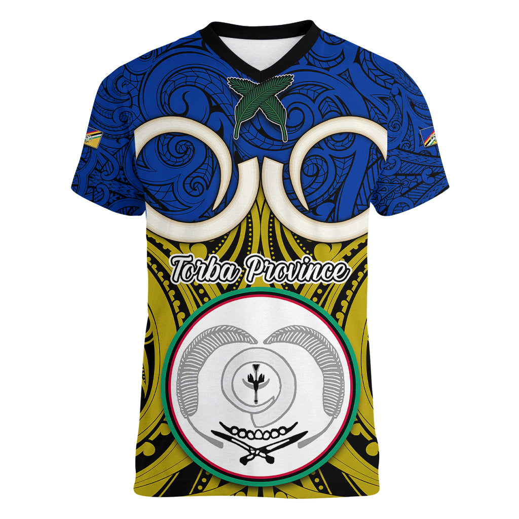 Vanuatu Torba Province Women V Neck T Shirt Pig Tusk Mix Maori Pattern and Namele Leaf LT03 Female Blue - Polynesian Pride