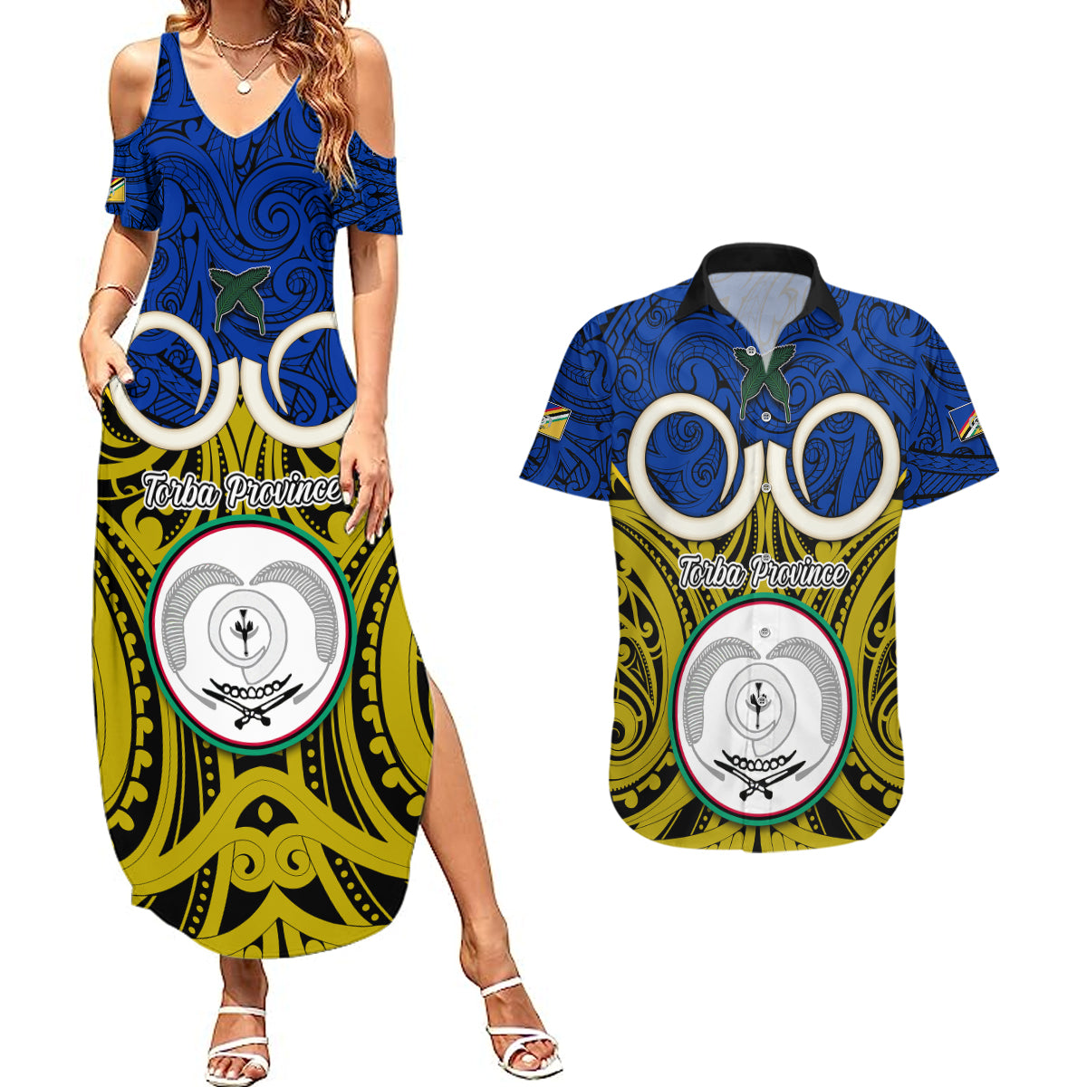 Personalised Vanuatu Torba Province Couples Matching Summer Maxi Dress and Hawaiian Shirt Pig Tusk Mix Maori Pattern and Namele Leaf LT03 Blue - Polynesian Pride