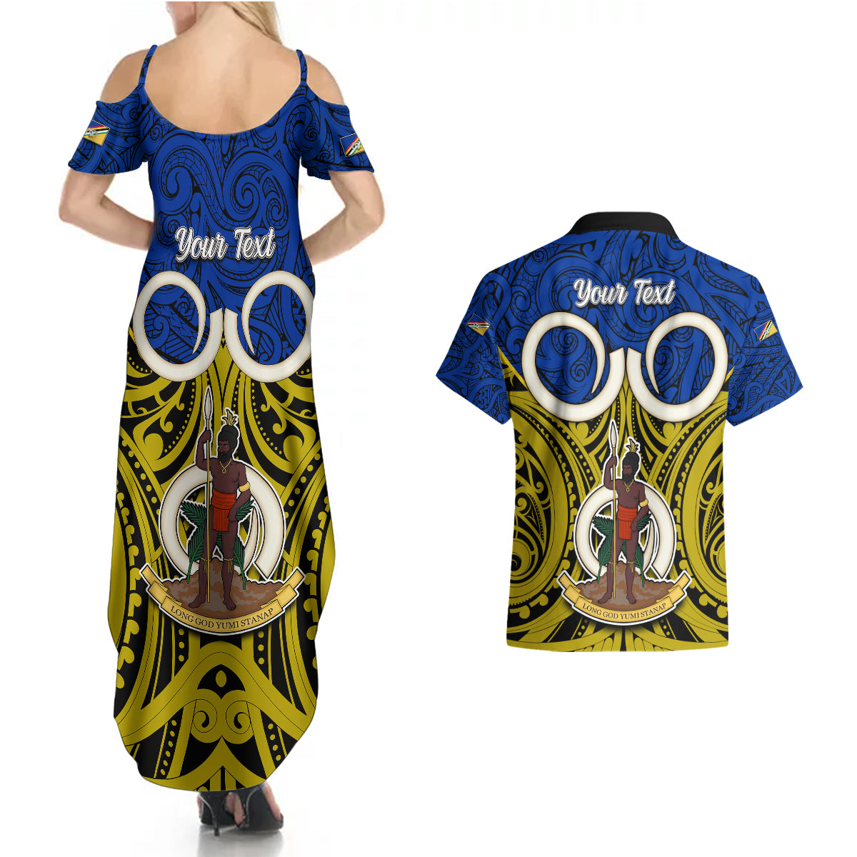 Personalised Vanuatu Torba Province Couples Matching Summer Maxi Dress and Hawaiian Shirt Pig Tusk Mix Maori Pattern and Namele Leaf LT03 - Polynesian Pride