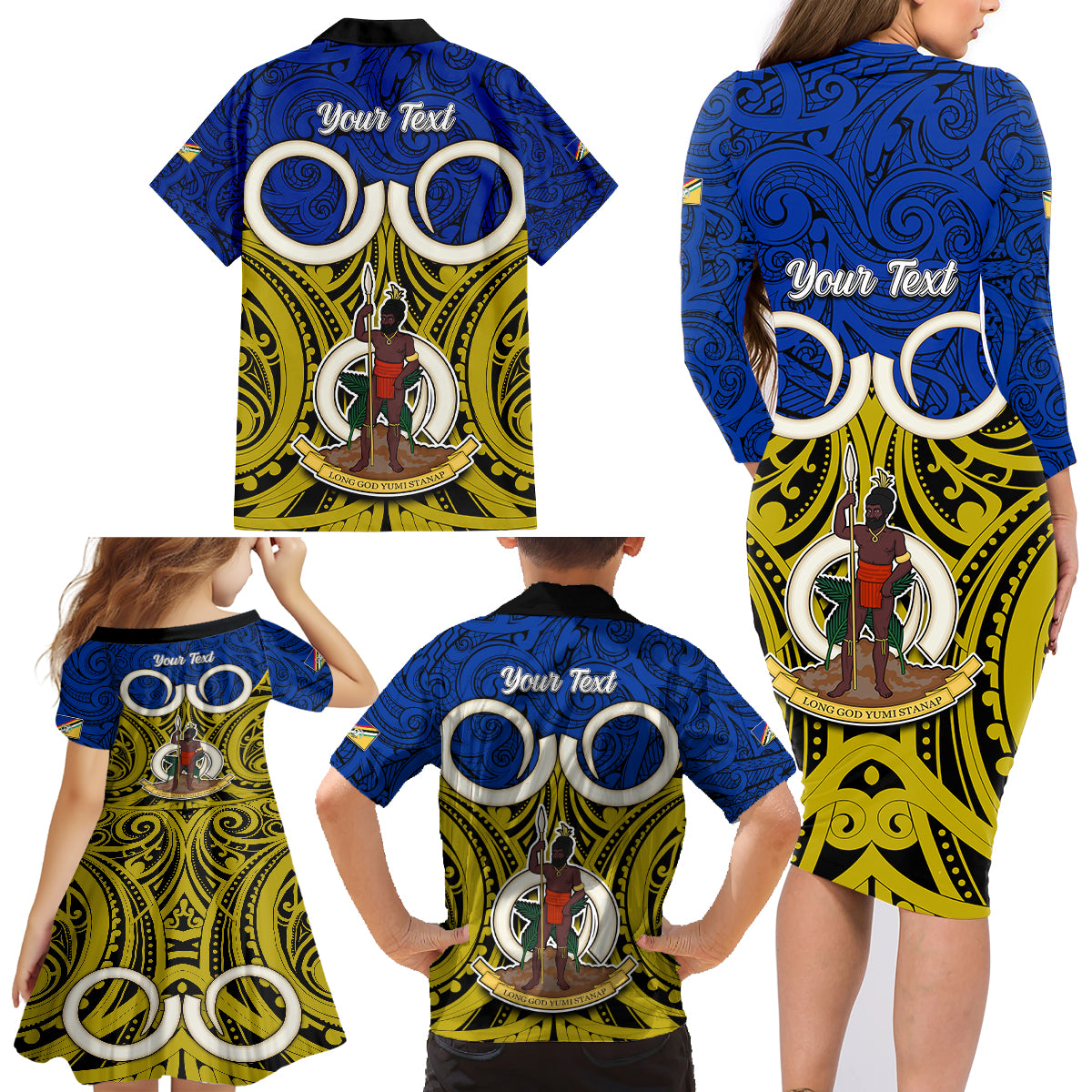 Personalised Vanuatu Torba Province Family Matching Long Sleeve Bodycon Dress and Hawaiian Shirt Pig Tusk Mix Maori Pattern and Namele Leaf LT03 - Polynesian Pride