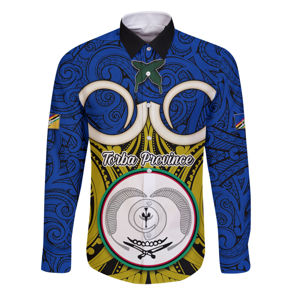 Personalised Vanuatu Torba Province Family Matching Long Sleeve Bodycon Dress and Hawaiian Shirt Pig Tusk Mix Maori Pattern and Namele Leaf LT03 Dad's Shirt - Long Sleeve Blue - Polynesian Pride