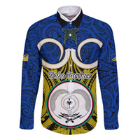 Personalised Vanuatu Torba Province Family Matching Off Shoulder Short Dress and Hawaiian Shirt Pig Tusk Mix Maori Pattern and Namele Leaf LT03 Dad's Shirt - Long Sleeve Blue - Polynesian Pride