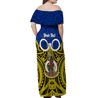 Personalised Vanuatu Torba Province Off Shoulder Maxi Dress Pig Tusk Mix Maori Pattern and Namele Leaf LT03 - Polynesian Pride