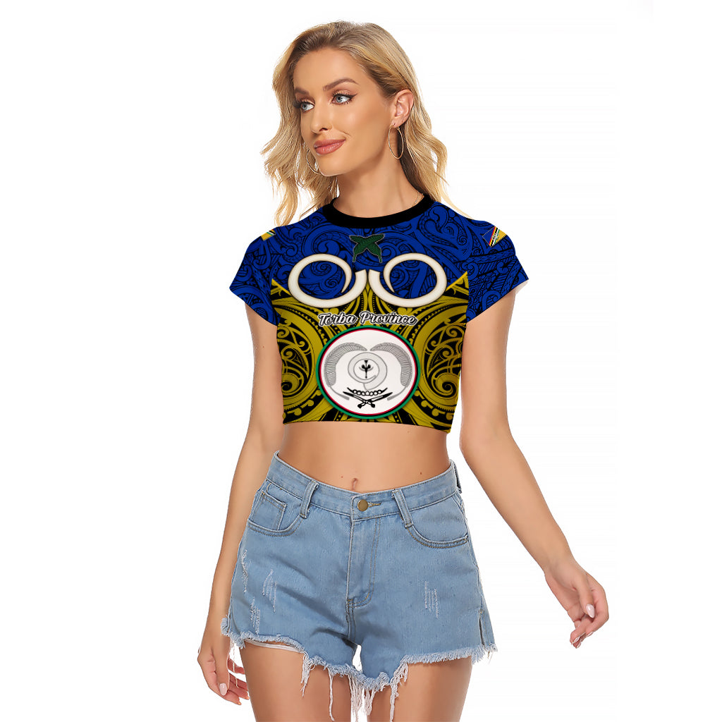 Personalised Vanuatu Torba Province Raglan Cropped T Shirt Pig Tusk Mix Maori Pattern and Namele Leaf LT03 Female Blue - Polynesian Pride