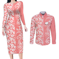 Hawaii Kauai Island Couples Matching Long Sleeve Bodycon Dress and Long Sleeve Button Shirts Hibiscus Pattern Seamless Tribal Simple Pink Pastel LT03 Pink - Polynesian Pride