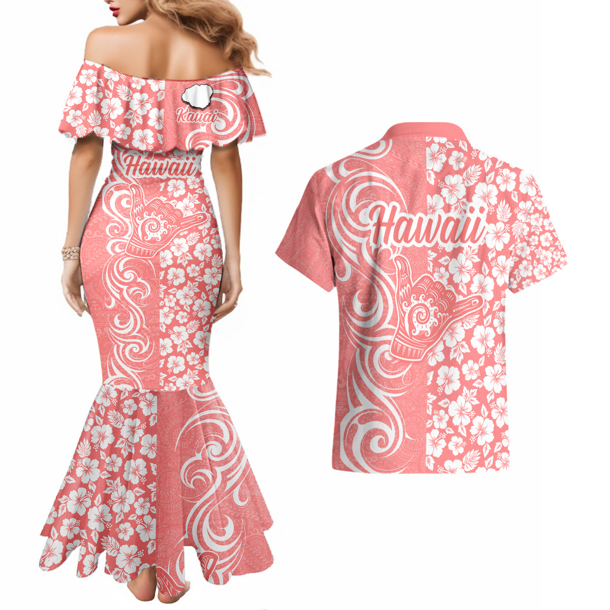 Hawaii Kauai Island Couples Matching Mermaid Dress and Hawaiian Shirt Hibiscus Pattern Seamless Tribal Simple Pink Pastel LT03 - Polynesian Pride