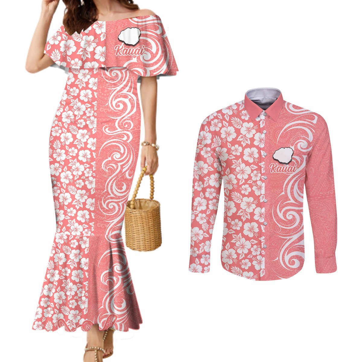 Hawaii Kauai Island Couples Matching Mermaid Dress and Long Sleeve Button Shirts Hibiscus Pattern Seamless Tribal Simple Pink Pastel LT03 Pink - Polynesian Pride