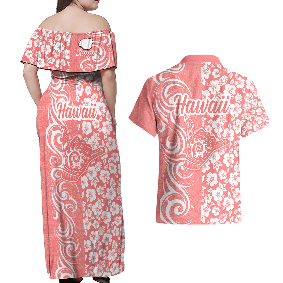 Hawaii Kauai Island Couples Matching Off Shoulder Maxi Dress and Hawaiian Shirt Hibiscus Pattern Seamless Tribal Simple Pink Pastel LT03 - Polynesian Pride