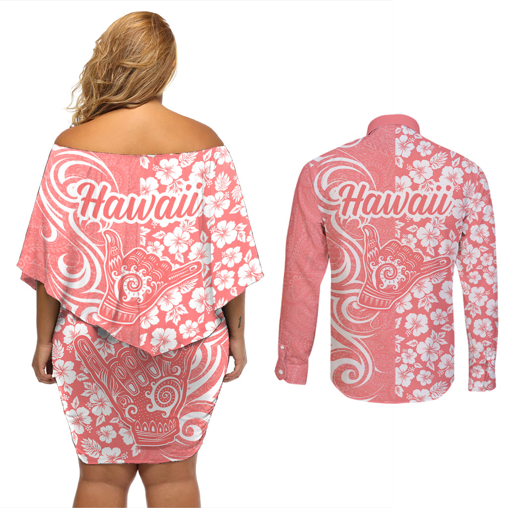 Hawaii Kauai Island Couples Matching Off Shoulder Short Dress and Long Sleeve Button Shirts Hibiscus Pattern Seamless Tribal Simple Pink Pastel LT03 - Polynesian Pride