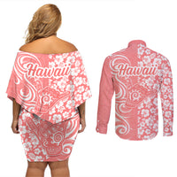 Hawaii Kauai Island Couples Matching Off Shoulder Short Dress and Long Sleeve Button Shirts Hibiscus Pattern Seamless Tribal Simple Pink Pastel LT03 - Polynesian Pride