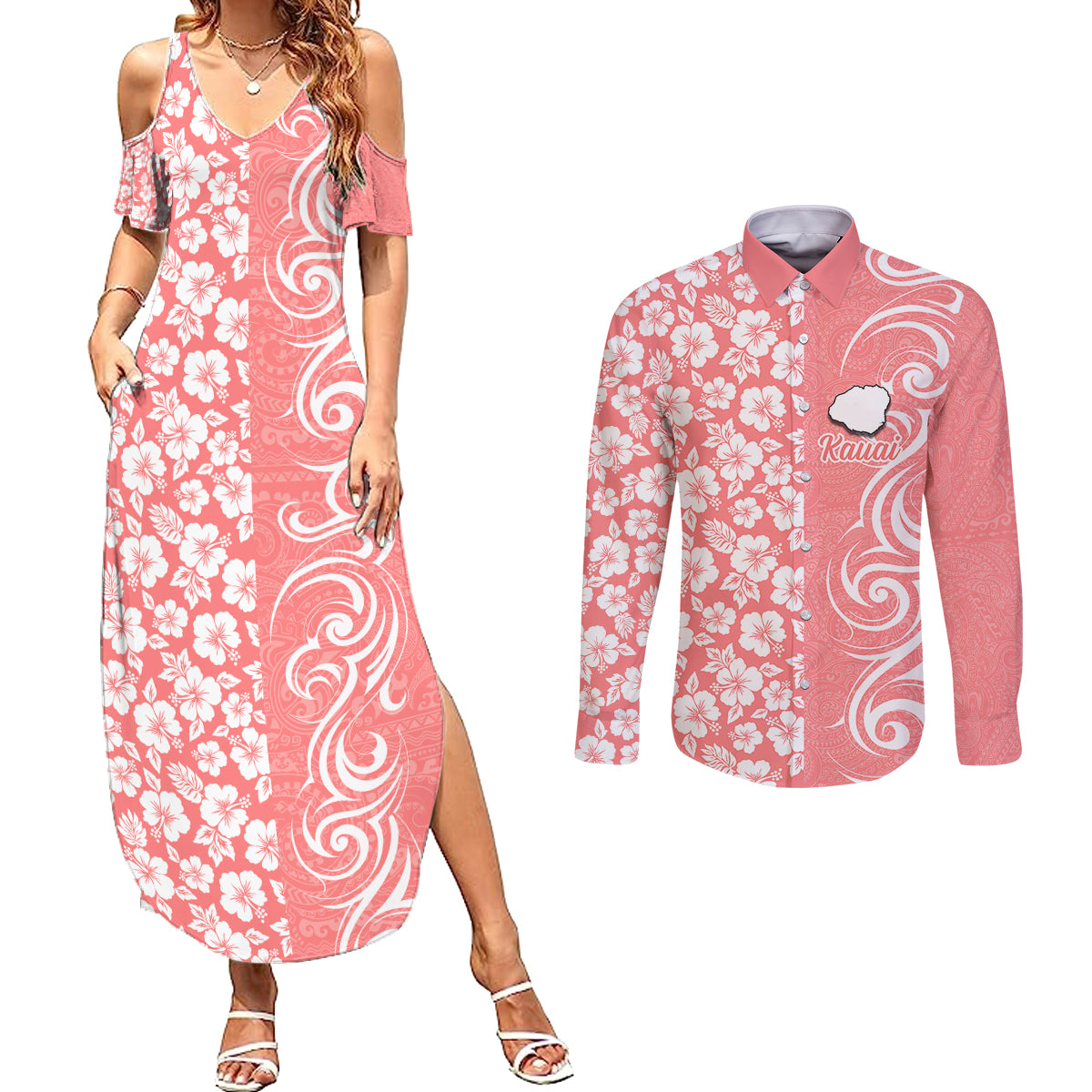 Hawaii Kauai Island Couples Matching Summer Maxi Dress and Long Sleeve Button Shirts Hibiscus Pattern Seamless Tribal Simple Pink Pastel LT03 Pink - Polynesian Pride