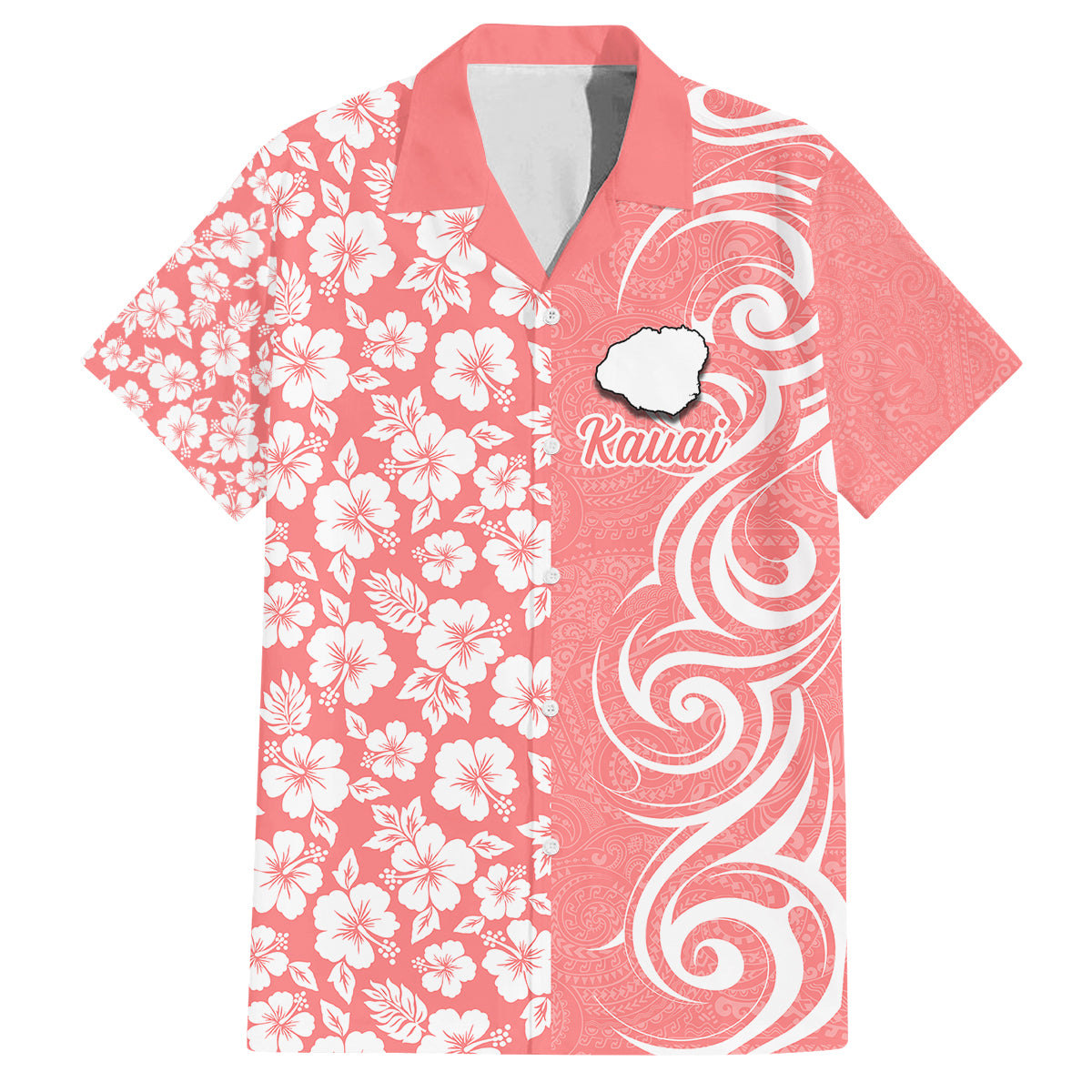 Hawaii Kauai Island Family Matching Off Shoulder Maxi Dress and Hawaiian Shirt Hibiscus Pattern Seamless Tribal Simple Pink Pastel LT03 Dad's Shirt - Short Sleeve Pink - Polynesian Pride