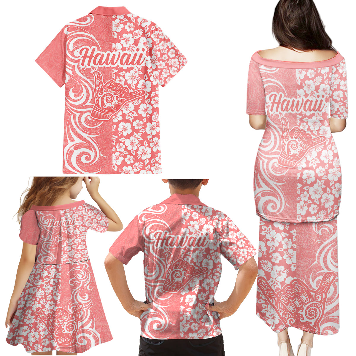 Hawaii Kauai Island Family Matching Puletasi Dress and Hawaiian Shirt Hibiscus Pattern Seamless Tribal Simple Pink Pastel LT03 - Polynesian Pride